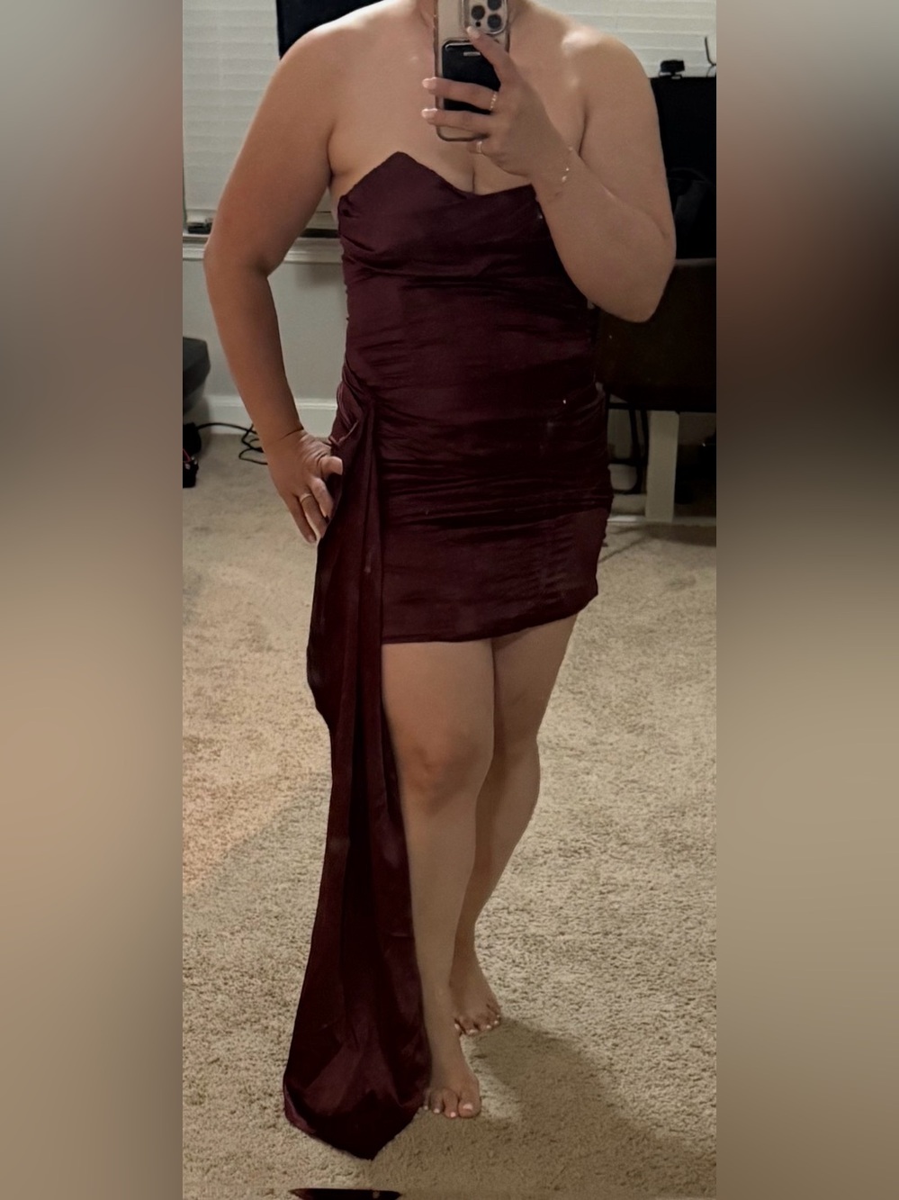 Strapless Burgundy Satin Mini Dress with Draped Side Panel